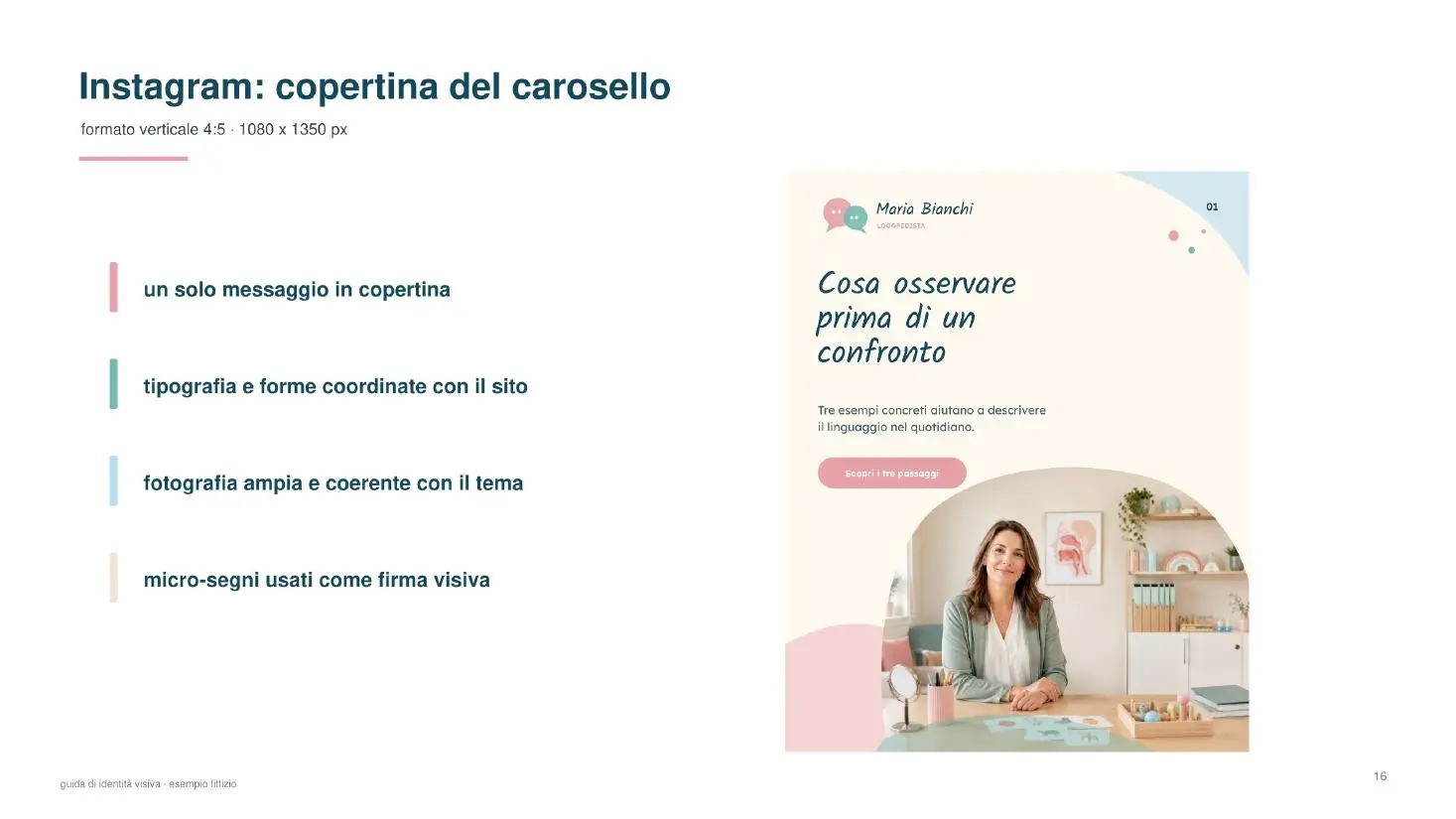 Pagina di esempio con applicazione della direzione visiva alla copertina di un carosello Instagram