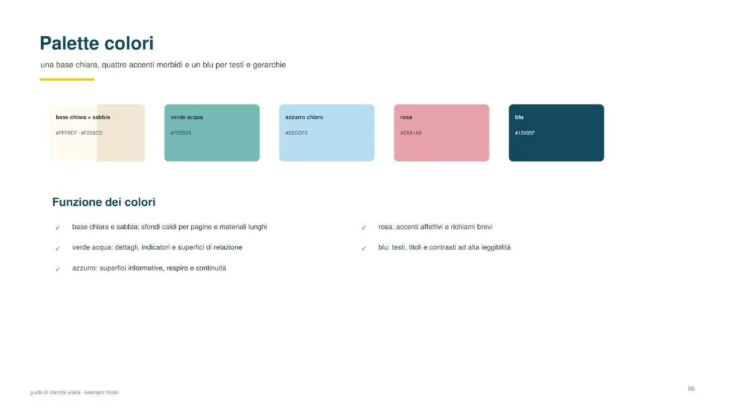 Pagina di esempio con palette cromatica e funzione assegnata a ogni colore