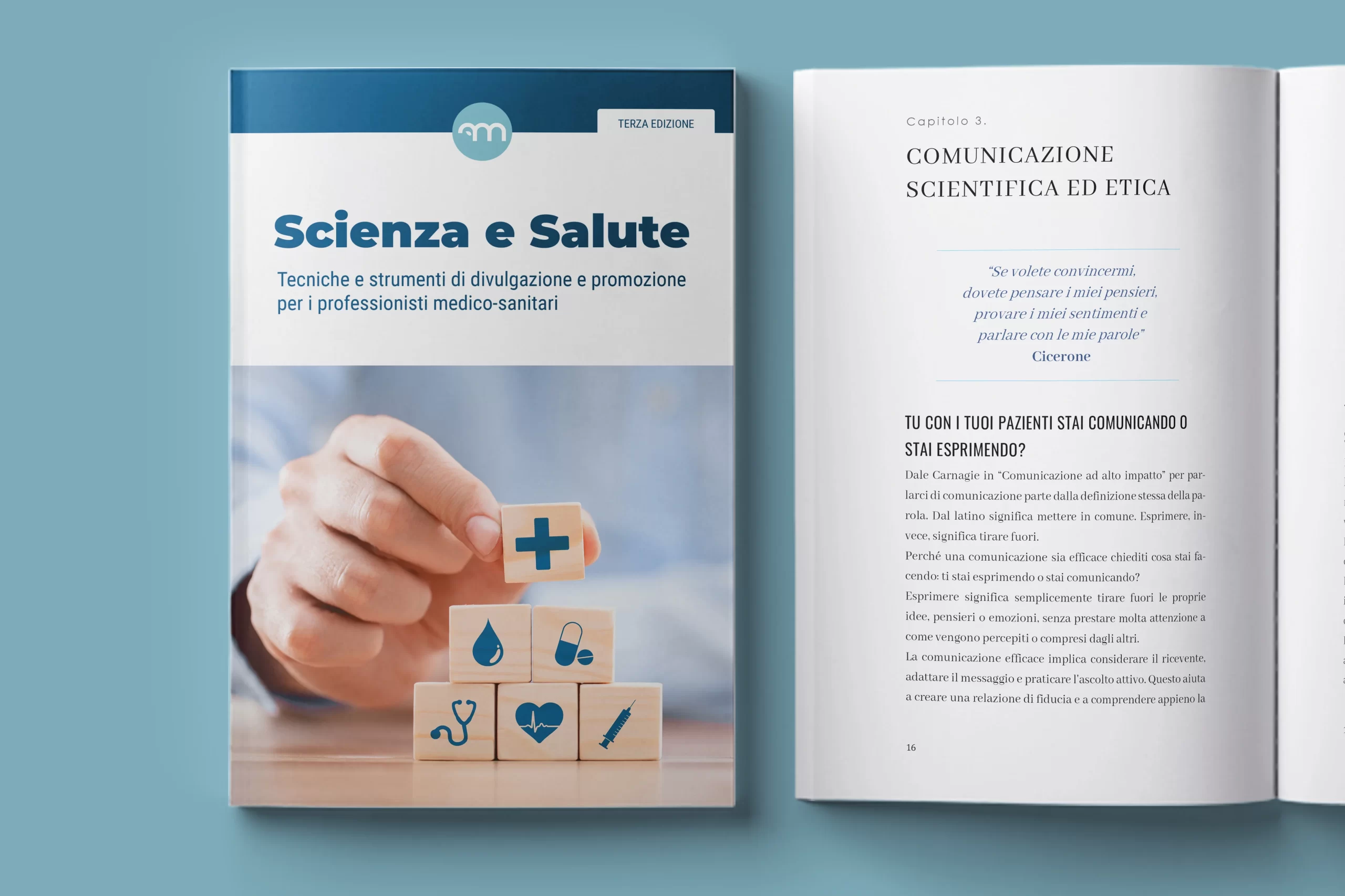 Il manuale Scienza e salute accanto a una pagina dedicata alla comunicazione scientifica ed etica