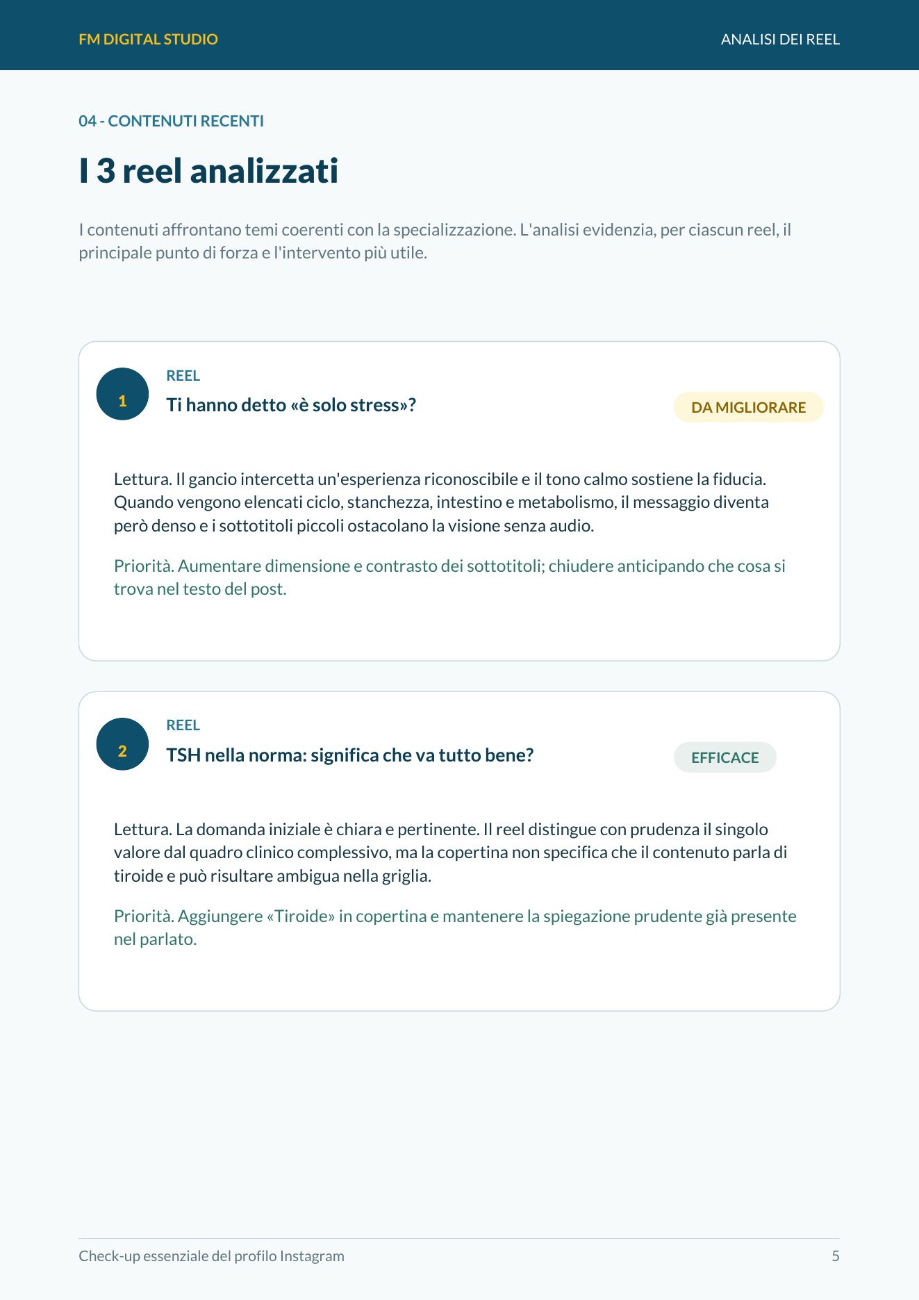 Pagina di esempio con analisi qualitativa dei reel